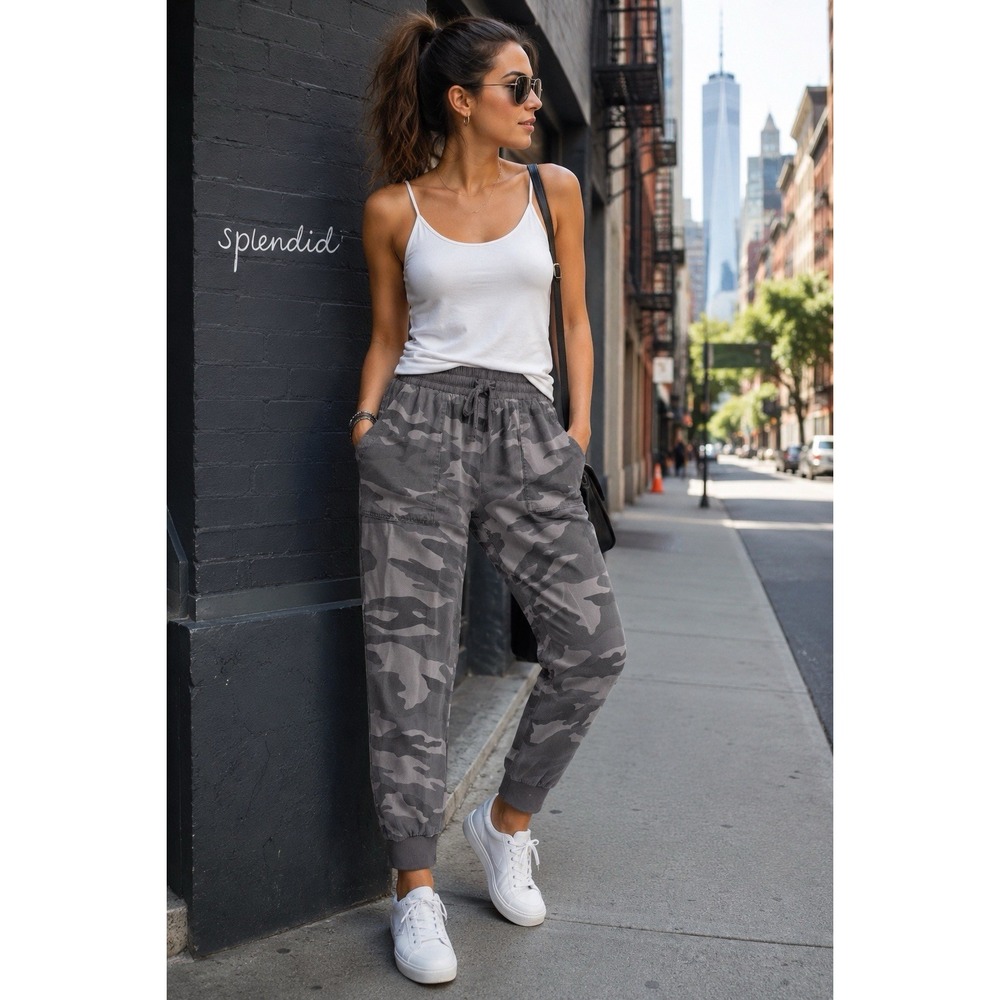 Splendid Joggers SMALL Camo Pull On Drawstring Relaxed Military Army Pants Gray - Picture 1 of 12
